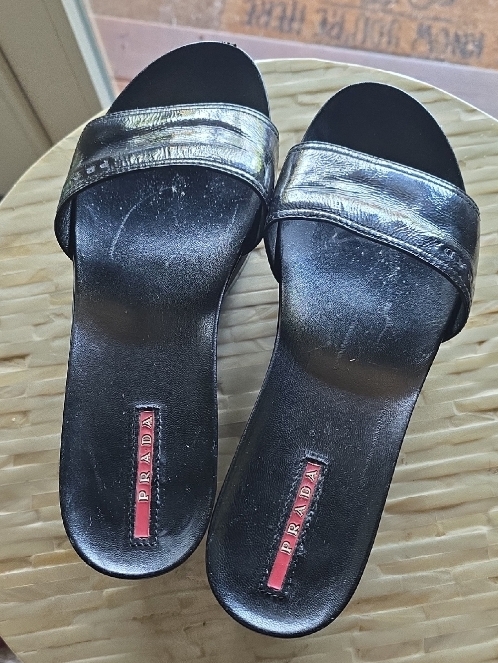 Prada Black Leather Slide Sandals with Patent Leather Strap